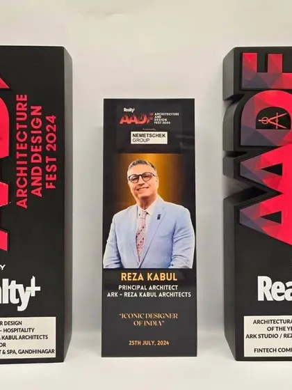 A collage of the awards my firm and I received at the AADF 2024, including "Iconic Designer of India." These recognitions are a testament to the hard work and teamwork of my entire team.