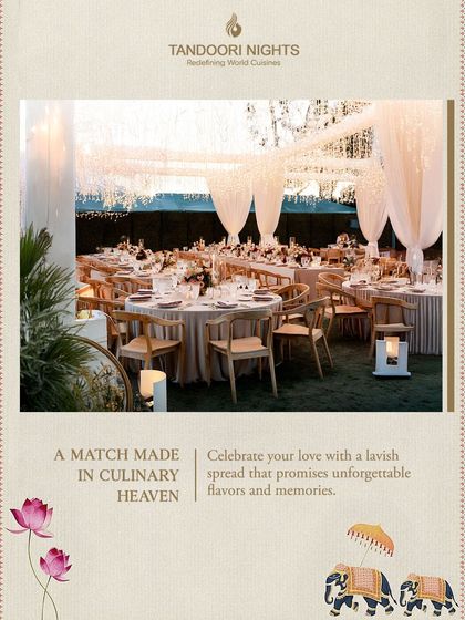 A match made in culinary heaven. This image captures the elegance of a sit-down wedding reception we catered, with beautifully arranged tables ready to welcome guests for an unforgettable meal.