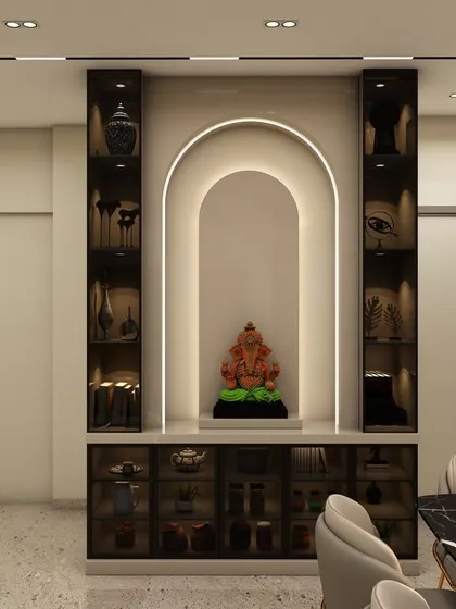 A 3D render showcasing a custom pooja unit with an arched niche and integrated display shelves, elegantly incorporated into the living and dining area.
