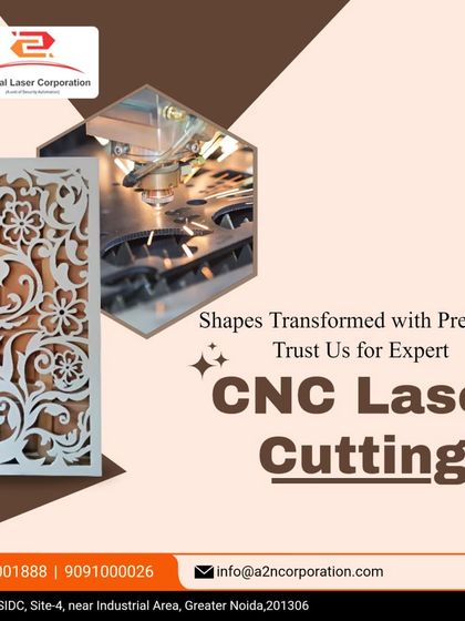 A promotional graphic summarizing our expert CNC laser cutting services. It features a floral jali panel alongside an image of the cutting machine, highlighting our core offering.
