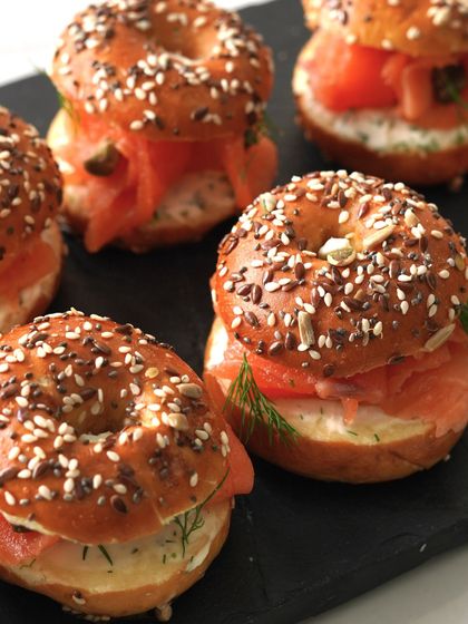 Mini salmon and cream cheese bagels, topped with our mixed seed blend. These are a popular choice from our easy dining menu, perfect for weekend entertaining.