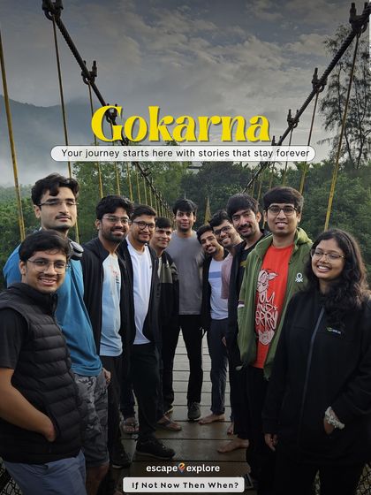 A happy group on a hanging bridge in Gokarna. Our beach treks cover stunning coastal trails, pristine beaches, and beautiful sunsets.