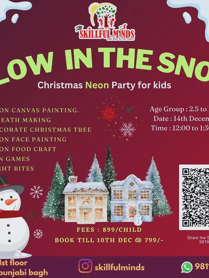Let it glow. Our "Glow in the Snow" Christmas Neon Party poster for our West Punjabi Bagh location, featuring neon canvas painting, face painting, and fun games.