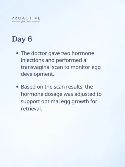 Around day 6, we perform a transvaginal scan to monitor egg development and may adjust the hormone dosage. This ensures we are supporting optimal egg growth for a successful retrieval.