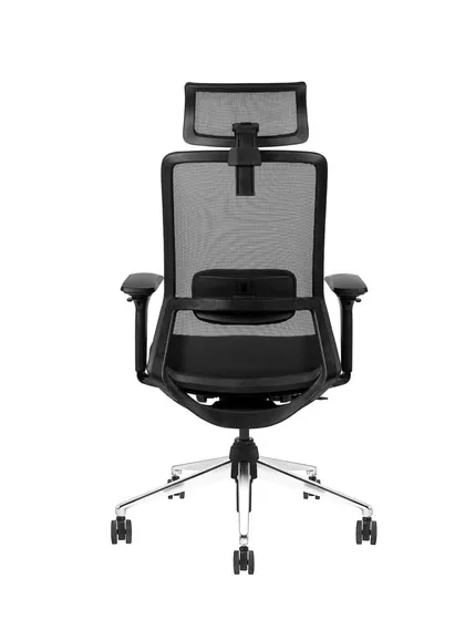 A high-back ergonomic office chair in black, featuring an adjustable headrest and lumbar support on a polished chrome base.