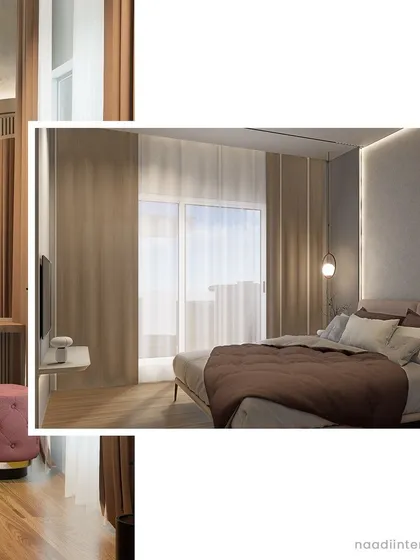 This image collage showcases two key areas from one of our luxury bedroom designs. On the left, a custom vanity with an arched mirror and fluted details; on the right, the serene sleeping area with layered curtains and soft, ambient lighting.