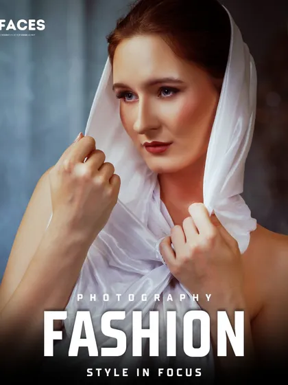 A model draped in a simple white cloth, creating a classic, statue-like silhouette. This minimalist yet powerful concept showcases our ability to create high-fashion art with simple elements.