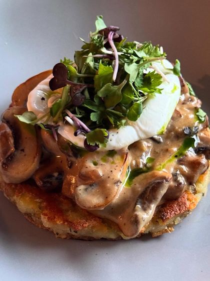A close-up of our Mushroom Roesti, a variation of our mushroom toast, with a creamy wild mushroom ragout over a crispy potato base.