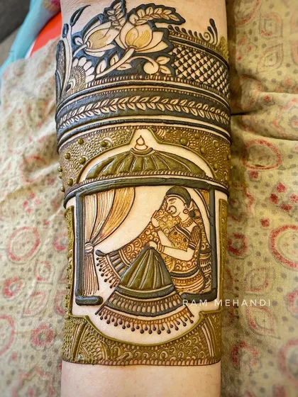 Another angle of the embossed bridal portrait. This technique requires careful application of thick henna paste and results in a stunning, standout design.