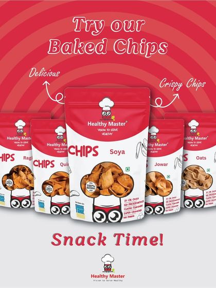 Craving chips? Go for our delicious and crispy baked chips. With varieties like Ragi, Quinoa, Soya, Jowar, and Oats, there's a healthy option for every snack time.