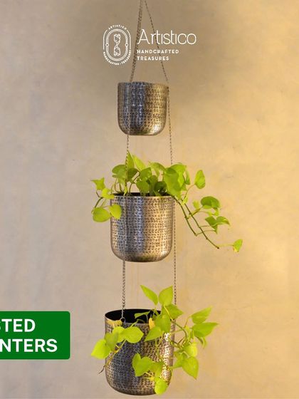 Our nested hanging planters in a chatai texture are a great space-saving solution for creating a vertical garden indoors.