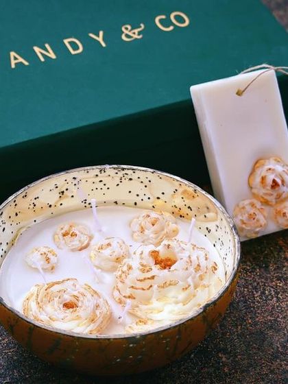 My luxurious peony candle gift box. It pairs a large, hand-decorated peony bowl candle with a matching lavender-scented wax tablet.