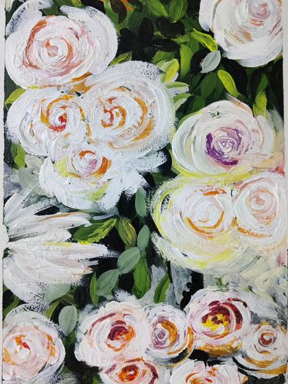 The creation of a beautiful floral piece using thick, impasto-style acrylics, showing a different approach to painting flowers.