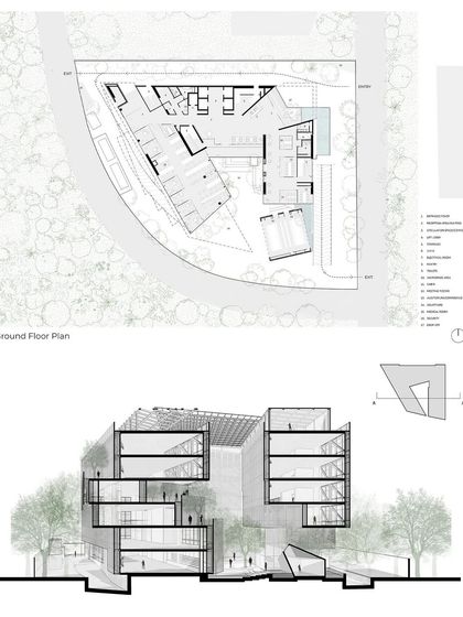 The ground floor plan and a cross-section of the Mankind HQ. These drawings show how the building cantilevers over a public courtyard, preserving outdoor views for the workspaces above while sheltering the community spaces below.