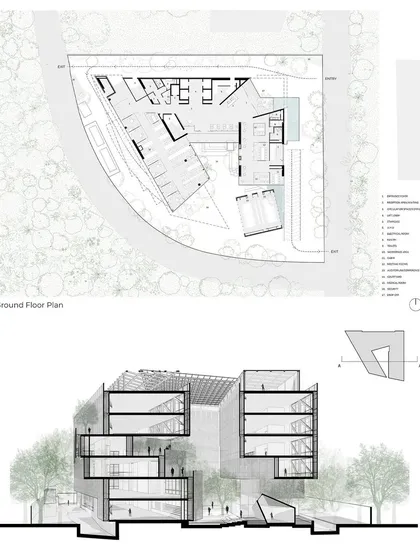 The ground floor plan and a cross-section of the Mankind HQ. These drawings show how the building cantilevers over a public courtyard, preserving outdoor views for the workspaces above while sheltering the community spaces below.