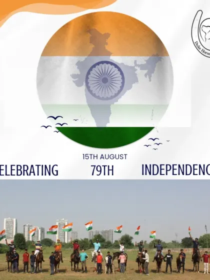 The entire group of riders and guests gathered with Indian flags to celebrate Independence Day at the club.