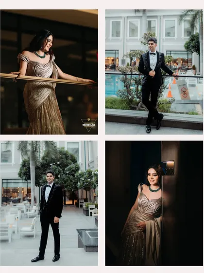 A collage of solo portraits of the bride and groom, showcasing their stylish outfits and the beautiful venue of their cocktail party.