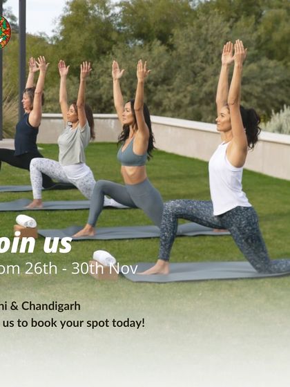 Join us for our upcoming Stress Reset Workshop in Delhi and Chandigarh. This image shows a group practicing the Anjaneyasana (low lunge), a pose that opens the heart and releases tension.