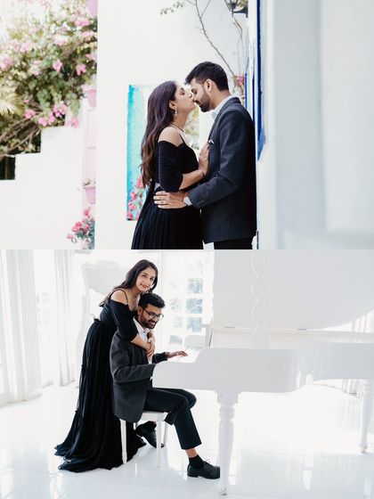 Two romantic scenes in one: a sweet kiss and a shared moment at the piano, showcasing the elegant and intimate possibilities of a studio shoot.