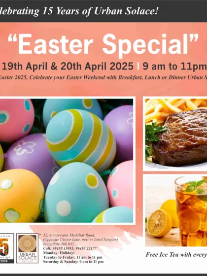 Our Easter Special poster, offering festive food, a great atmosphere, and a complimentary iced tea with every steak.