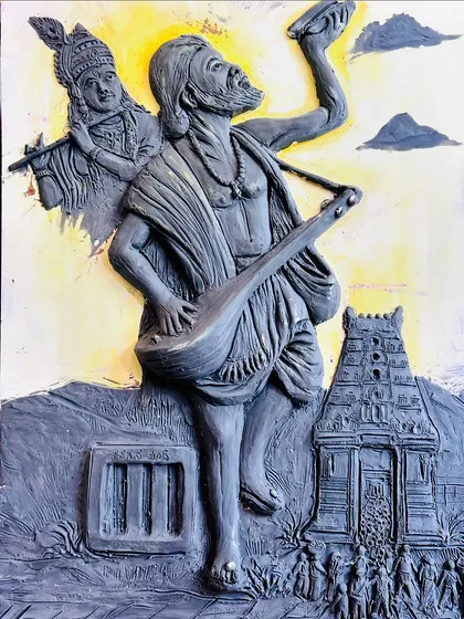 This is a finished 3D relief mural I created to honor the great poet and saint, Kanaka Dasa. Every detail, from his expression of devotion to the Udupi temple in the background, is sculpted by hand to tell his story.