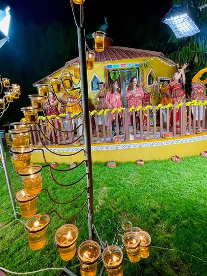 A wide shot of the stunning set for our Garba music video, complete with a decorated house and beautiful lighting. We focus on creating a visually rich experience.