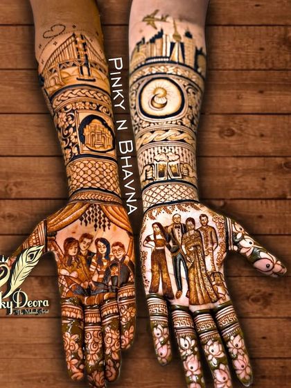 A truly modern love story told through mehndi. This design features portraits of the couple, their friends, and cityscapes that are meaningful to them.