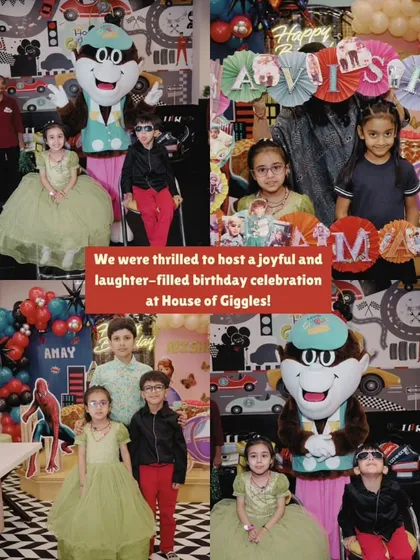 This photo collage captures the joy and laughter of a birthday celebration with our mascot. From posing for pictures to leading the party, Mr. Giggles makes every event a hit.