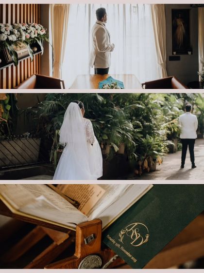 A collage from Jeffrey and Delilah's wedding day, showing the groom getting ready, the bride's first look, and the personalized Bible, telling the story of their day.