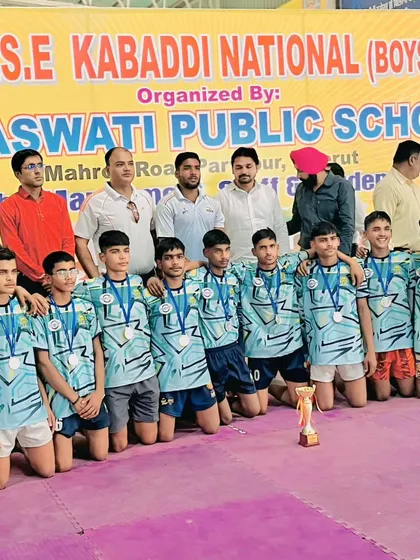 Our boys' team after securing the runner-up position at the CBSE Kabaddi National tournament. We are proud of their performance and dedication at such a high level of competition.