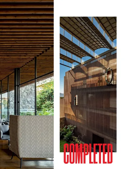 A composite image celebrating the completion of the Radisson Resort, highlighting the wood-clad exterior and the warm, inviting interior lounge.