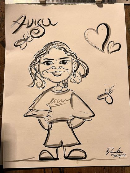 A cute full-body caricature of "Aviga." The playful stance and simple details bring out a youthful and fun personality.