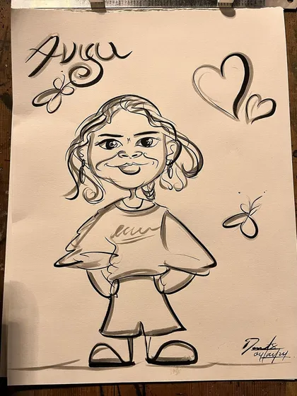 A full-body caricature of a young girl, showing a playful and confident pose.