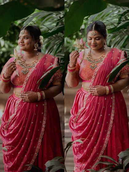 A collage of a bride's portraits, showing her in a beautiful pink saree against a backdrop of lush greenery.