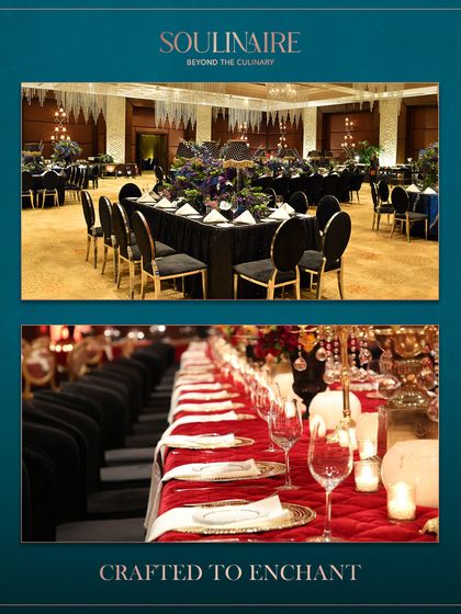 A collage showcasing enchanting table settings, from a dramatic black-themed dinner to a classic red and gold arrangement. We craft every detail to create a magical atmosphere.