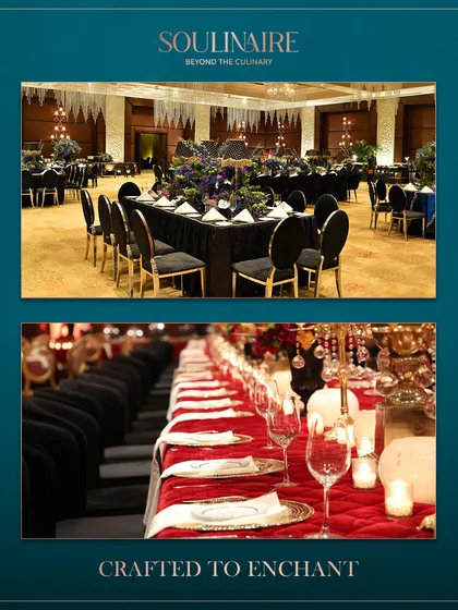 A collage showcasing enchanting table settings, from a dramatic black-themed dinner to a classic red and gold arrangement. We craft every detail to create a magical atmosphere.