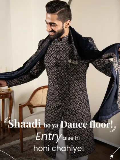 Shaadi ho ya dance floor, your entry should always be bold. We design outfits that are not just worn, but celebrated in. This patterned sherwani with a velvet shawl is for the man who owns every room he enters.