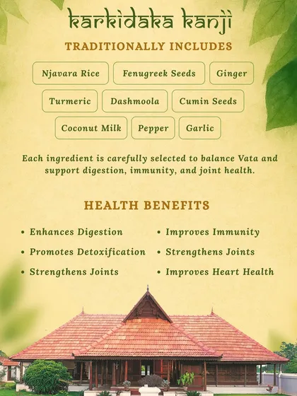 Discover the power of Karkidaka Kanji, our nourishing monsoon elixir. This infographic details the traditional ingredients like Njavara rice, fenugreek, and Dashmoola, each selected to balance Vata, support digestion, and strengthen immunity during the rainy season.