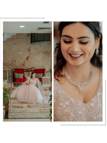 A diptych showing Mansi's radiant smile and her elegant pose in a flowing pink gown. This captures both her joyful personality and the grace of her engagement look.