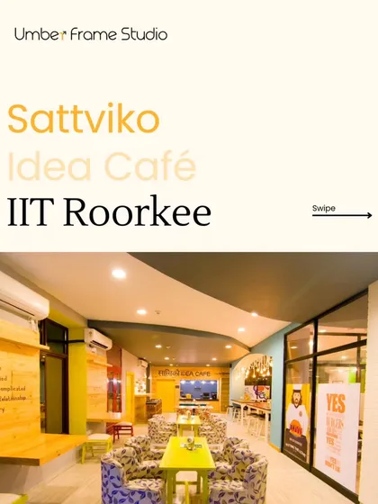 This is the Sattviko Idea Café at IIT Roorkee, a project where we designed a space to inspire creativity and community. The layout uses varied seating arrangements and bright, engaging colors to create a dynamic environment for students and faculty.