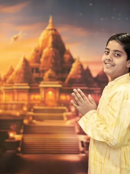 Jai Shri Ram. This young boy is posed respectfully in a traditional kurta against a stunning Ram Mandir backdrop, perfect for a cultural portrait.