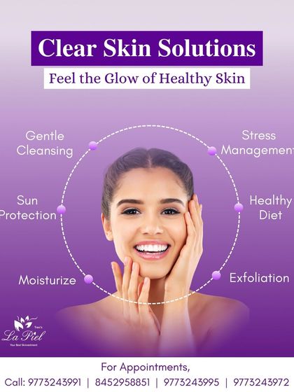 Achieving clear, healthy skin is a holistic process. This visual guide outlines the key pillars of a good skincare routine, including gentle cleansing, sun protection, proper moisturization, and the importance of a healthy diet and stress management.