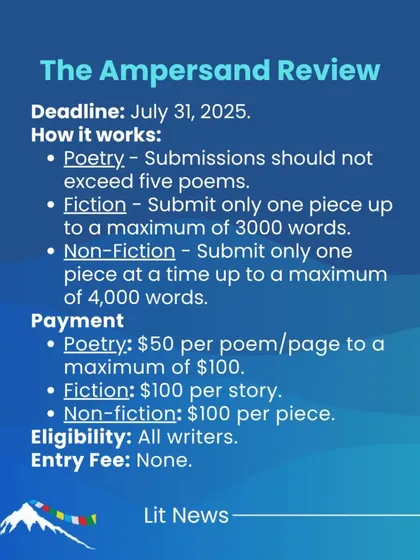 The Ampersand Review is open for submissions in poetry, fiction, and non-fiction, with payment offered for published pieces.
