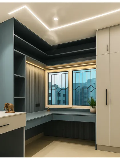 We believe in maximizing every square foot. This bedroom corner was transformed into a highly functional study nook, featuring custom-built shelving, a sleek desk integrated with the window space, and coordinated laminate finishes for a cohesive and practical design.