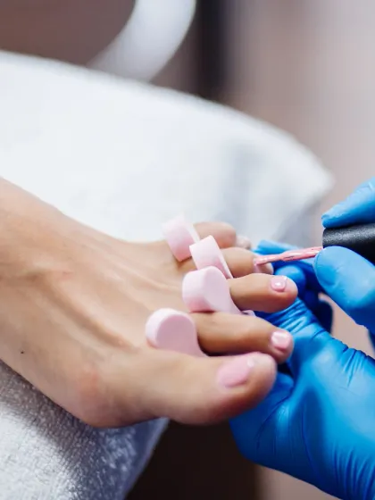 The perfect polish application. With toe separators in place, we carefully apply your chosen color for a neat and beautiful finish to your pedicure.