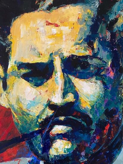 Another perspective on the 'Pyasa' Guru Dutt portrait. The intense gaze and the vibrant red background create a dramatic and soulful mood.