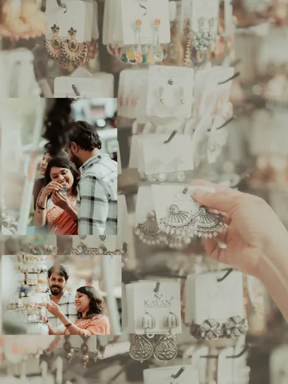 A creative collage that focuses on the small details of an urban date, like browsing for earrings at a street-side stall.