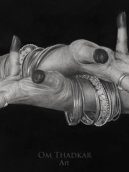 This drawing captures an expressive mudra with hands adorned in traditional bangles. The contrast between the dark, henna-stained fingertips and the skin tone is a key visual element.