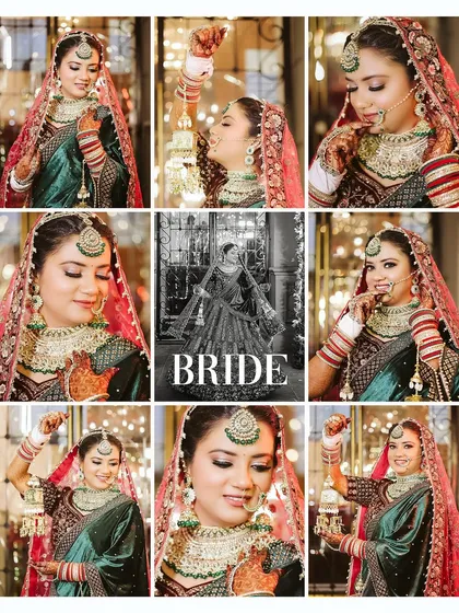A grid collage of nine bridal portraits, showcasing a variety of expressions, angles, and details from a single bride's look. This is a great preview of an album layout.