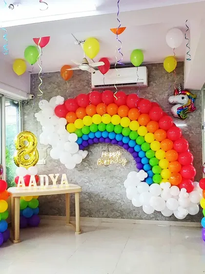 I built this large rainbow balloon arch against a grey wall for an 8th birthday party. The setup includes rainbow-colored balloon pillars, a unicorn foil balloon, and a lit-up 'Happy Birthday' sign to create a bright and cheerful unicorn-themed celebration.